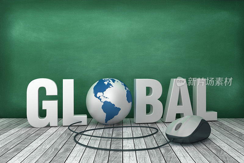 3D Word全球与全球世界和电脑鼠标在黑板背景- 3D渲染